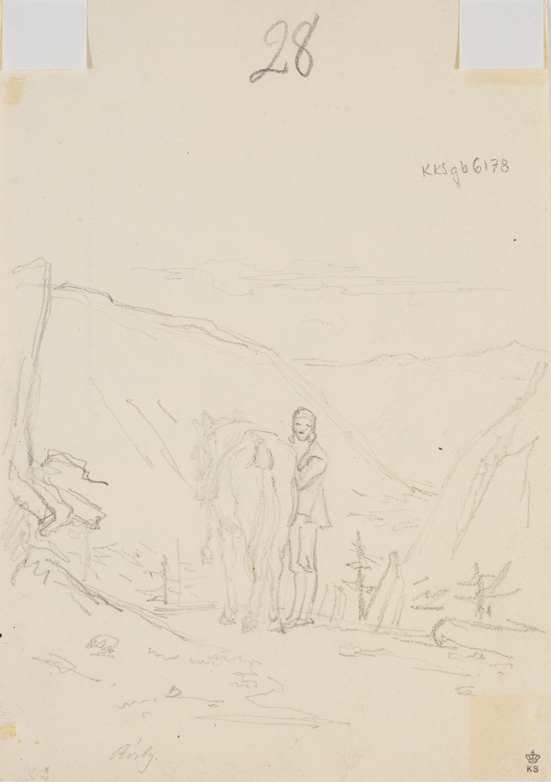 Norsk landskab med bonde stående ved hest